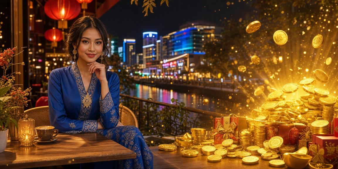 Pengguna Johor Bahru berpakaian baju kurung mengakses platform pertaruhan kasino 1988rich dengan selamat