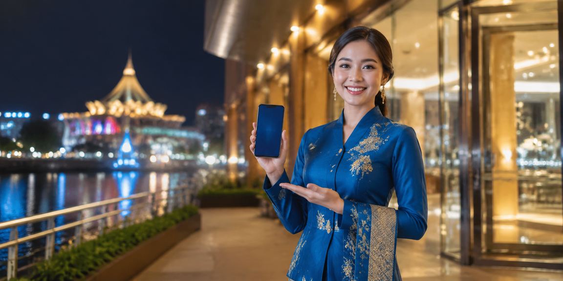 Pengguna Kuching berpakaian baju kurung menggunakan aplikasi kasino 1988rich dengan keselamatan data terjamin
